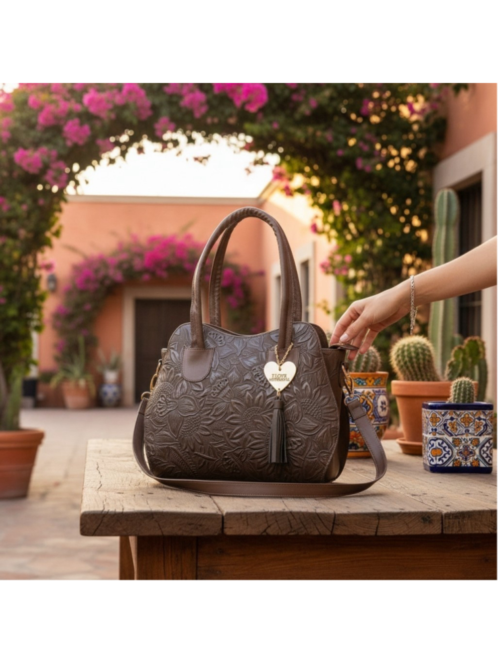 Dark Chocolate Brown Sunflower Embossed Tooled Artisan LEATHER Hobo Bag Purse